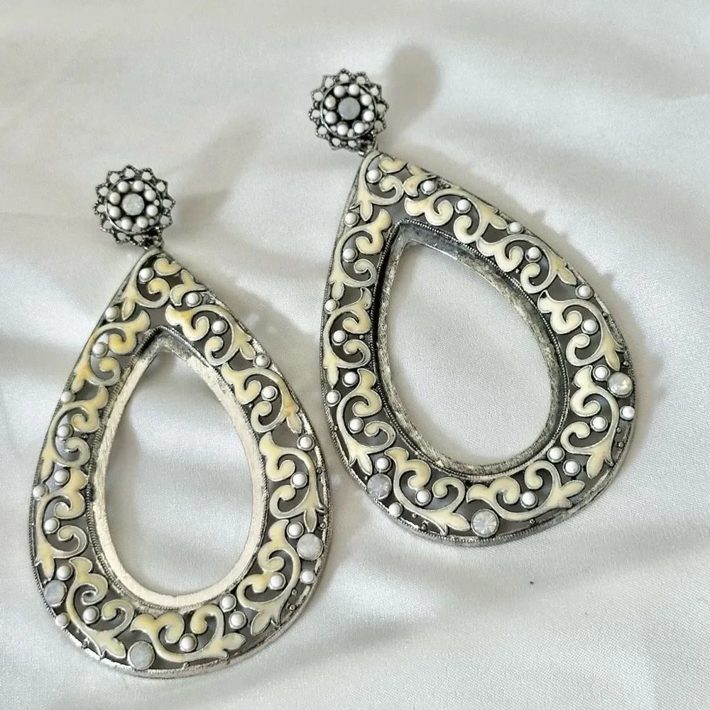 Large yellow silver tone rhinestone teardrop statement earrings